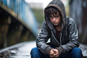 a teen glares at the camera in a hoodie while showing signs of teen drug use