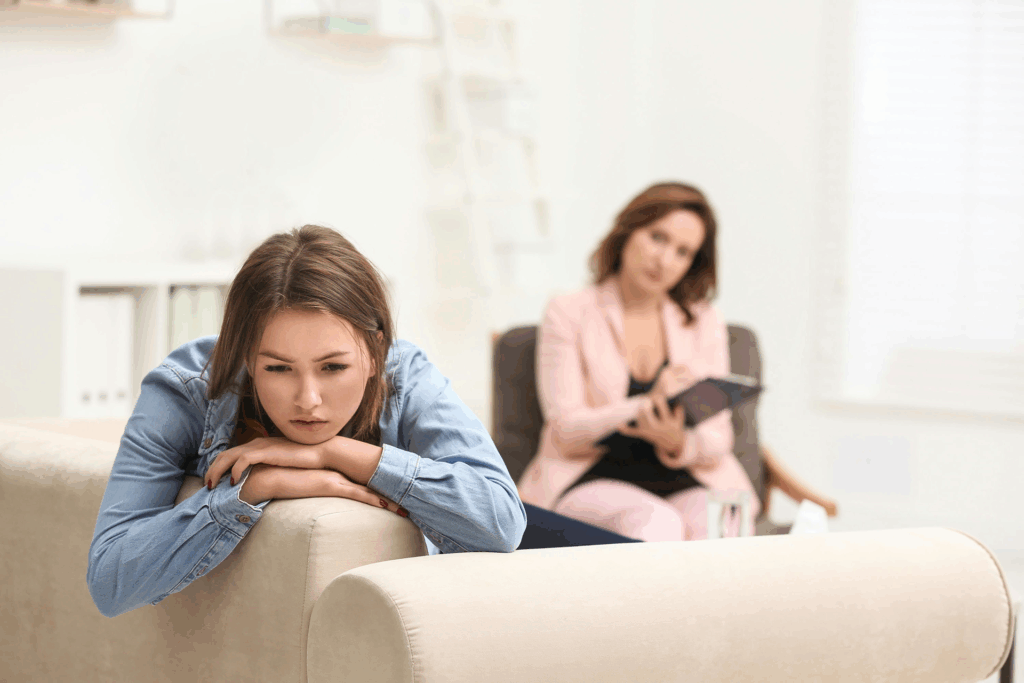Teen turned away from therapist, showing resistance to therapy and emotional withdrawal