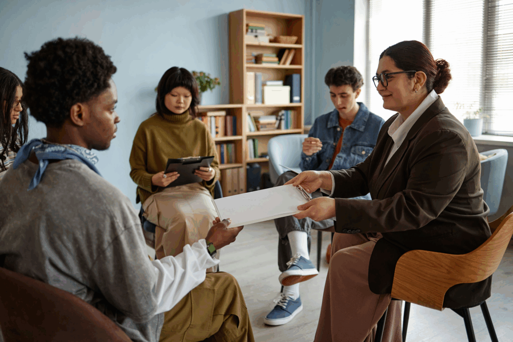 Diverse group of teens in therapy session with counselor promoting culturally sensitive teen mental health care.